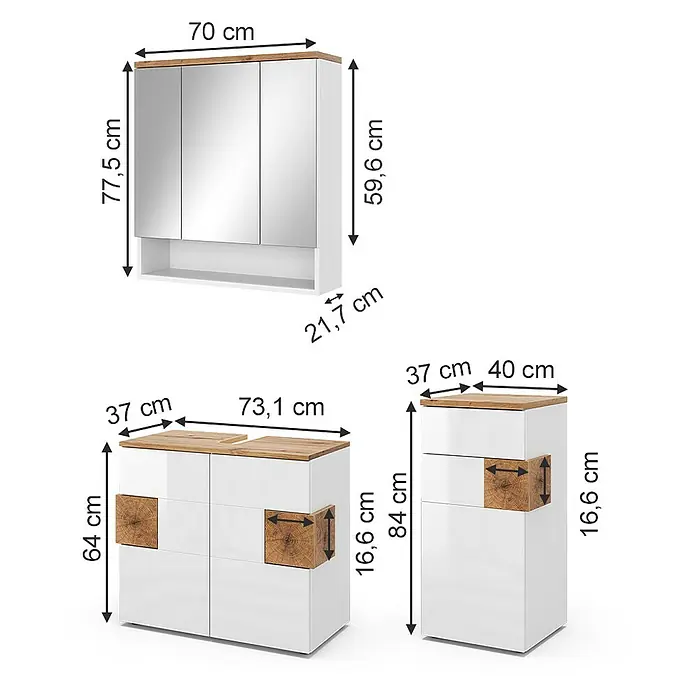 Vicco Badmöbel-Set Eden Weiß 3 Teile - Gesamtbreite Badmöbel: 113,1 cm, Weiß Hochglanz, Glänzend