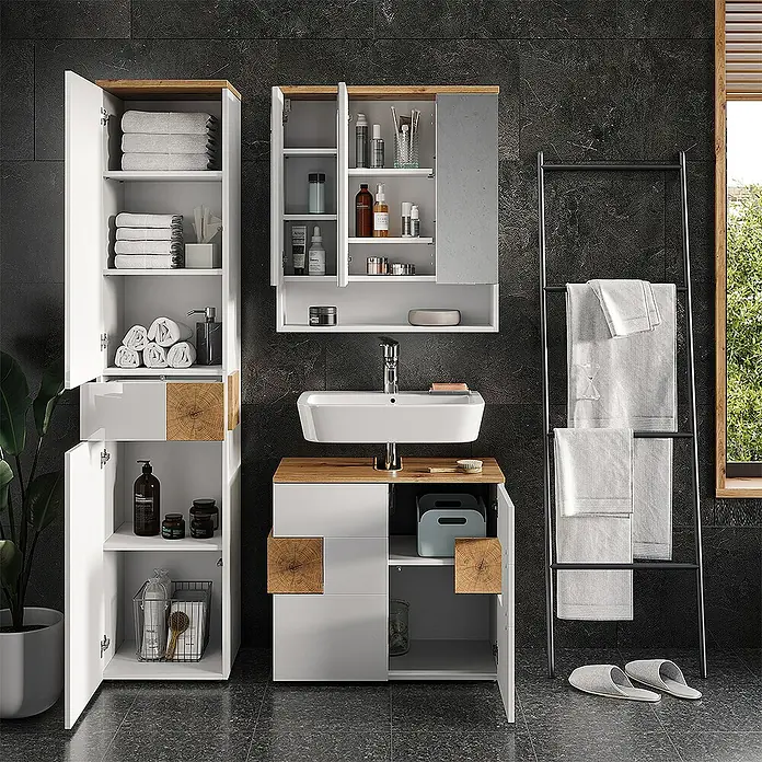 Vicco Badmöbel-Set Eden Weiß 3 Teile, mit Hochschrank - Gesamtbreite Badmöbel: 113,1 cm, Weiß Hochglanz, Glänzend