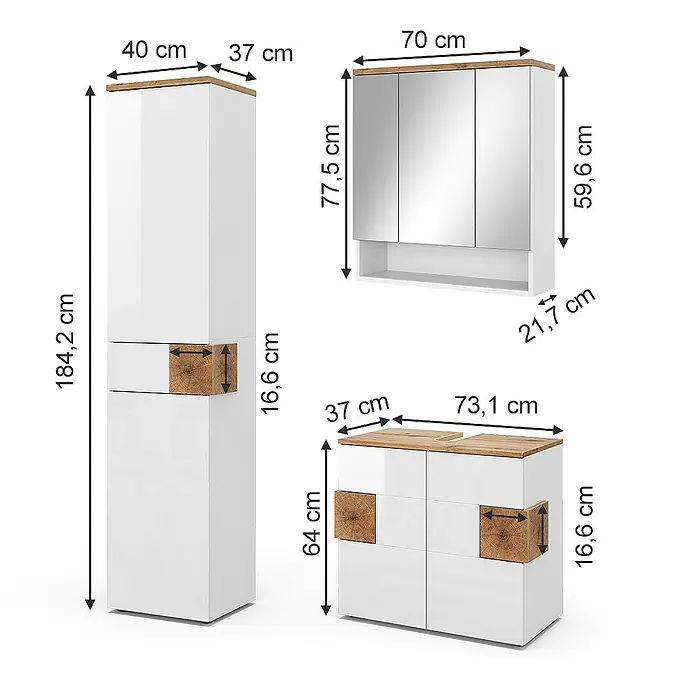 Vicco Badmöbel-Set Eden Weiß 3 Teile, mit Hochschrank - Gesamtbreite Badmöbel: 113,1 cm, Weiß Hochglanz, Glänzend