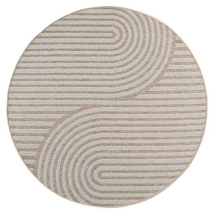 Outdoor-Teppich Desert 1301 - Beige, Durchmesser: 120 cm, 100 % Polypropylen - Runder Teppich mit beigen und weißen Streifen, mit abstraktem geometrischem Muster und geschwungenen Linien. Webstruktur.