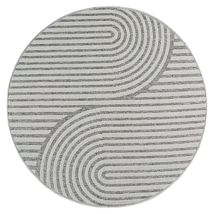 Outdoor-Teppich Desert 1301 - Grau, Durchmesser: 120 cm, 100 % Polypropylen - Runder grau-weißer Webteppich mit modernem gestreiften Geometriemuster und geschwungenen Linien.
