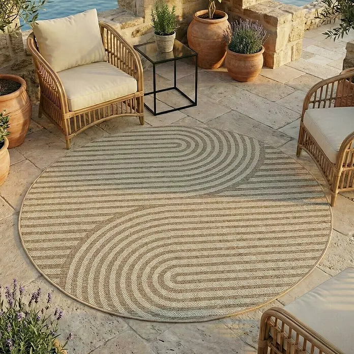 Outdoor-Teppich Desert 1301 - Beige, Durchmesser: 120 cm, 100 % Polypropylen - Runder Outdoor-Teppich mit beigem und braunem Streifenmuster, auf einer Steinterrasse mit Rattanmöbeln und Pflanzen.