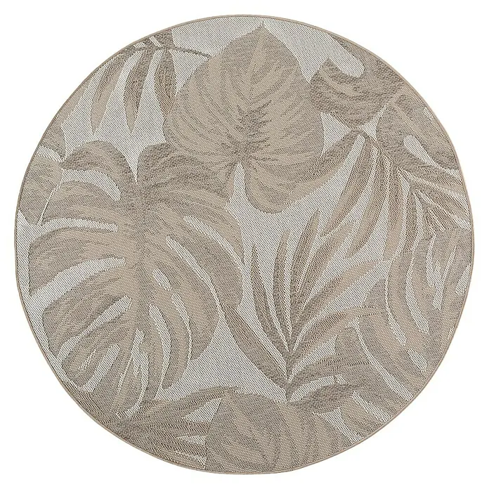 Outdoor-Teppich Desert 1302 - Beige, Durchmesser: 200 cm, 100 % Polypropylen - Runder gewebter Teppich mit tropischem Blattmuster in Naturtönen.
