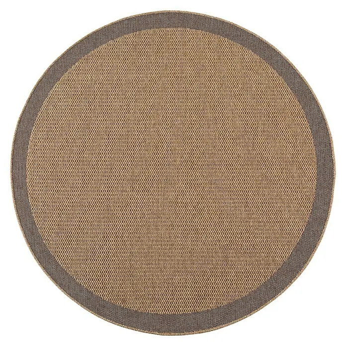 Outdoor-Teppich Timber 1402 - Beige, Durchmesser: 80 cm, 100 % Polypropylen - Runder, gewebter Teppich in Hellbraun mit dunkelbraunem Rand.