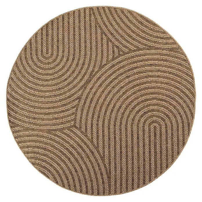 Outdoor-Teppich Timber 1401 - Beige, Durchmesser: 80 cm, 100 % Polypropylen - Runder gewebter Teppich mit konzentrischem braun-beigem Streifenmuster.