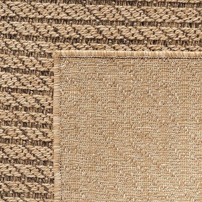 Outdoor-Teppich Timber 1404 - Beige, Durchmesser: 160 cm, 100 % Polypropylen - Texturierter Teppich aus Naturfasern in Beige, mit unterschiedlichen Webmustern und einem schlichten Rand.
