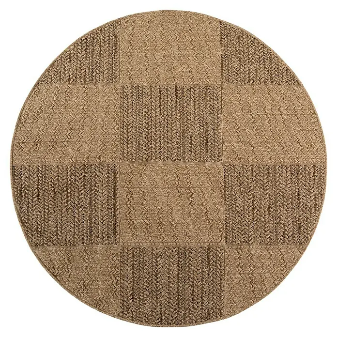 Outdoor-Teppich Timber 1405 - Beige, Durchmesser: 120 cm, 100 % Polypropylen - Runder brauner Webteppich mit abwechselnd gemusterten und einfarbigen Quadraten.