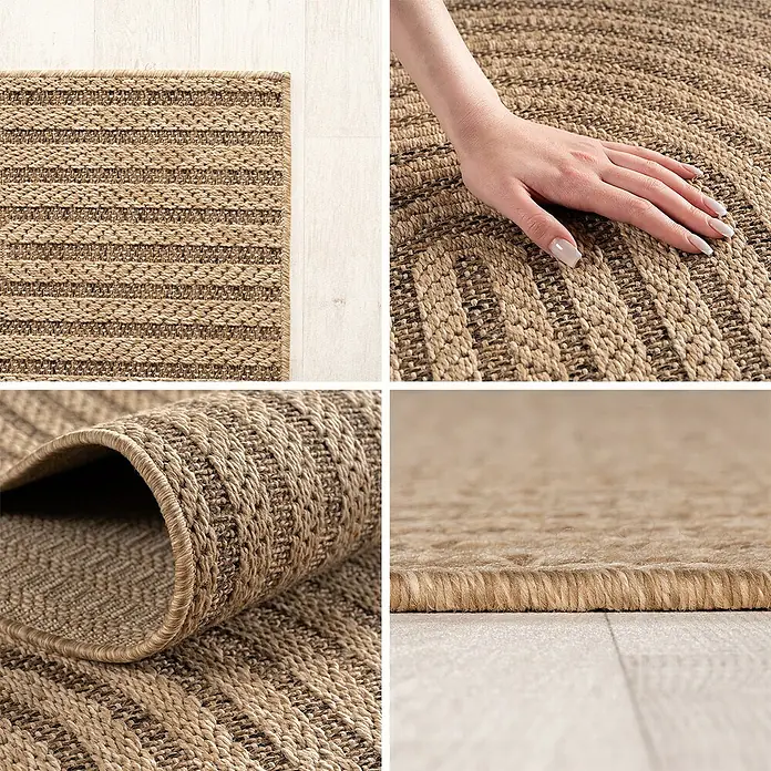 Outdoor-Teppich Timber 1401 - Beige, Durchmesser: 80 cm, 100 % Polypropylen - Gestreifter Naturfaserteppich mit beigen und braunen Webmustern.