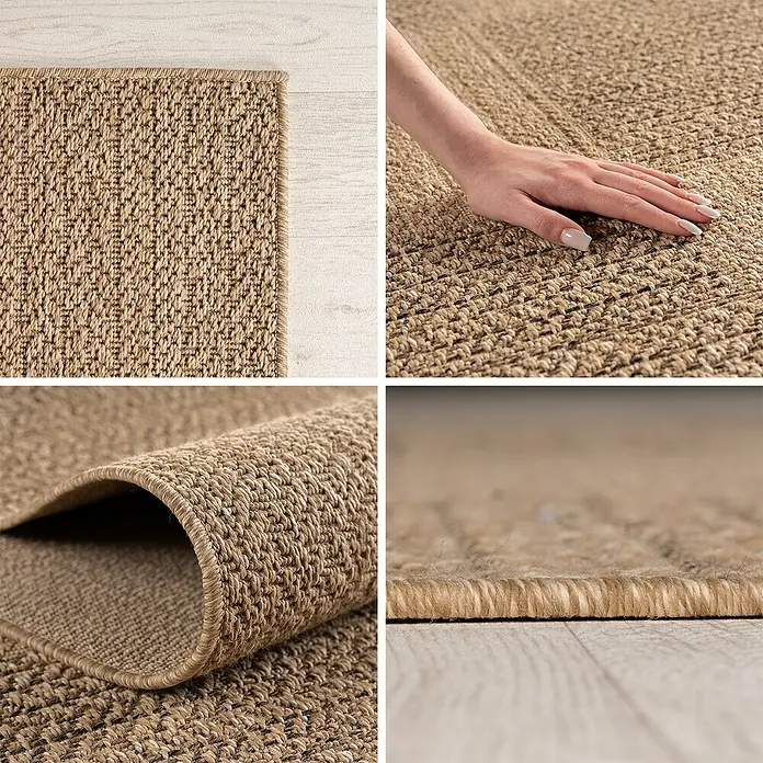 Outdoor-Teppich Timber 1405 - Beige, Durchmesser: 120 cm, 100 % Polypropylen - Nahaufnahmen eines hellbraunen, gewebten Teppichs mit natürlicher, strukturierter Optik. Details zeigen sein Flachgewebe-Muster und seine Dicke.