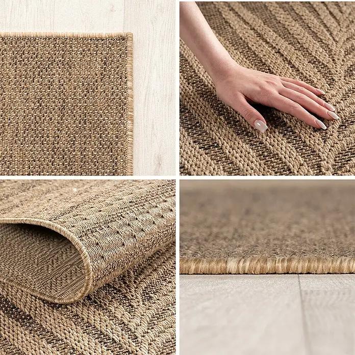 Outdoor-Teppich Timber 1403 - Braun, Durchmesser: 120 cm, 100 % Polypropylen - Hellbrauner gewebter Teppich mit sichtbarer Textur, robustem Rand und flexiblem Design.