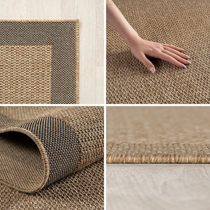 Outdoor-Teppich Timber 1402 - Beige, Durchmesser: 80 cm, 100 % Polypropylen - Nahaufnahme eines strapazierfähigen, dicht gewebten beigefarbenen Teppichs, der Textur, Dicke und Material zeigt.