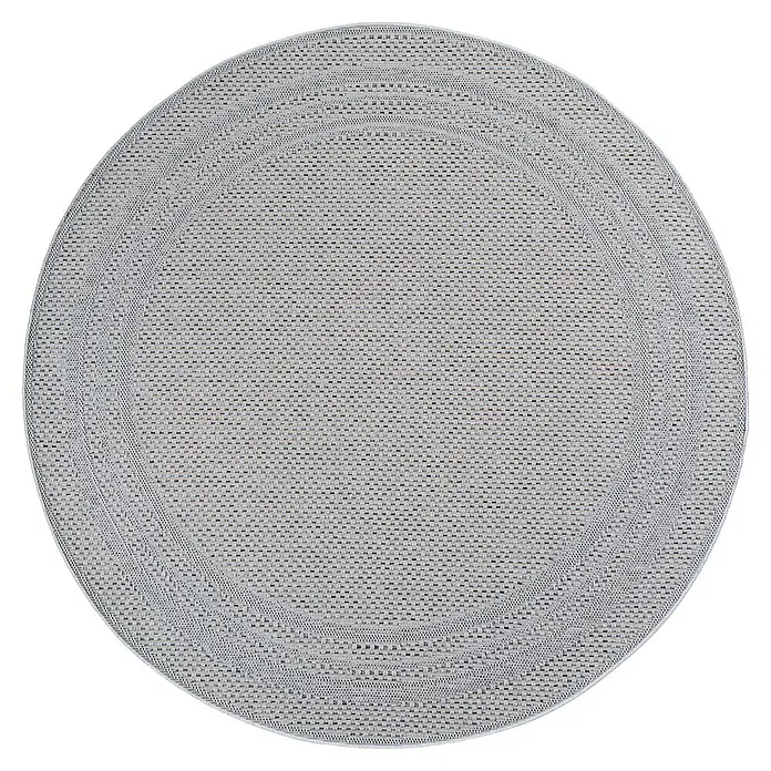 Outdoor-Teppich Desert 1304 - Grau, Durchmesser: 160 cm, 100 % Polypropylen - Runder, hellgrauer Teppich mit gewebter Struktur und konzentrischem Muster.