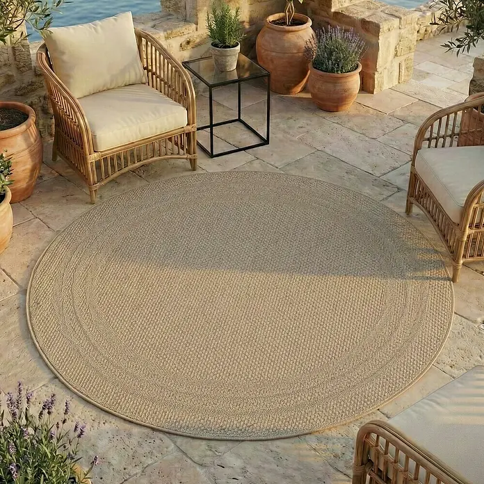 Outdoor-Teppich Desert 1304 - Beige, Durchmesser: 160 cm, 100 % Polypropylen - Runder beiger Flechtteppich auf sonniger Terrasse, bereichert den Sitzbereich im Freien.
