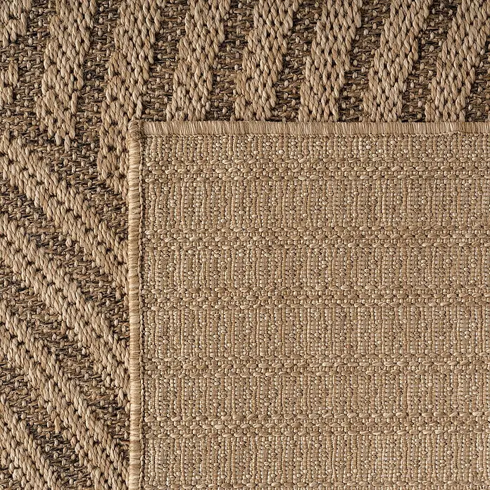 Outdoor-Teppich Timber 1401 - Beige, Durchmesser: 80 cm, 100 % Polypropylen - Naturfaserteppich mit zwei unterschiedlichen Webstrukturen: geflochtenes Fischgrätmuster und ein dichter Flachgewebe in Beigetönen.