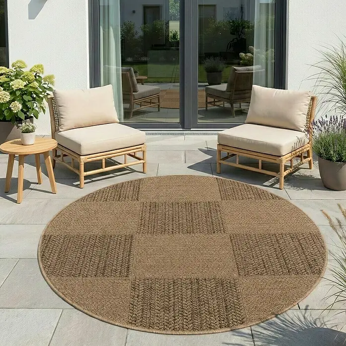 Outdoor-Teppich Timber 1405 - Beige, Durchmesser: 120 cm, 100 % Polypropylen - Runder, beigefarbener und brauner gewebter Outdoor-Teppich mit Mustern.