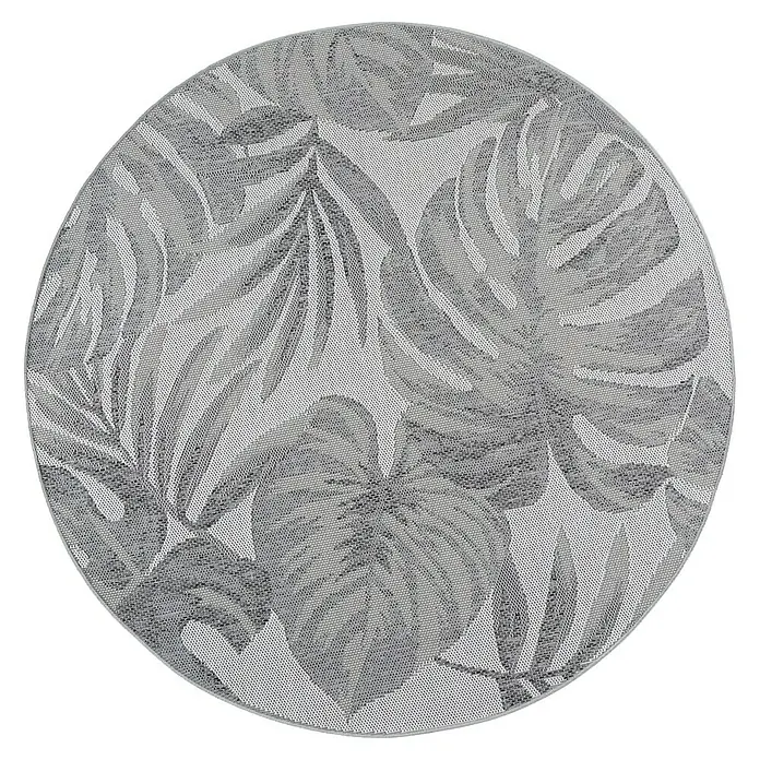 Outdoor-Teppich Desert 1302 - Grau, Durchmesser: 120 cm, 100 % Polypropylen - Runder Teppich mit gewebtem grau-weißem tropischem botanischem Blattmuster.