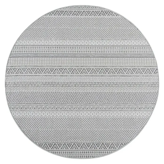 Outdoor-Teppich Desert 1303 - Grau, Durchmesser: 160 cm, 100 % Polypropylen - Runder, grau-weißer Webteppich mit geometrischen Mustern aus Streifen, Dreiecken und Rauten.