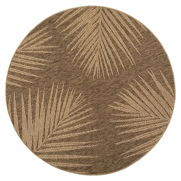 Outdoor-Teppich Timber 1403 - Braun, Durchmesser: 120 cm, 100 % Polypropylen - Runder braun-beigefarbener Teppich mit Palmenblattmuster aus Webstoff.