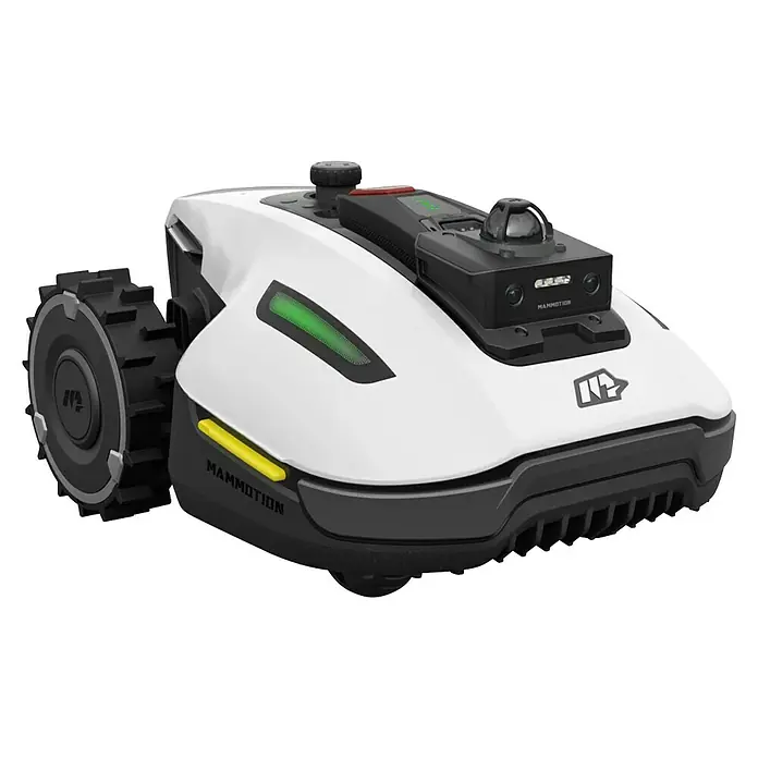 Mammotion Mähroboter YUKA Mini 2 1000 - 1.000 m², Schnittbreite: 19 cm, Kamera-gestützte Navigation - Weiß-dunkelgrauer Rasenroboter mit robusten Rädern, oben montiertem Kamerasensor und grünen/gelben Akzentlichtern.