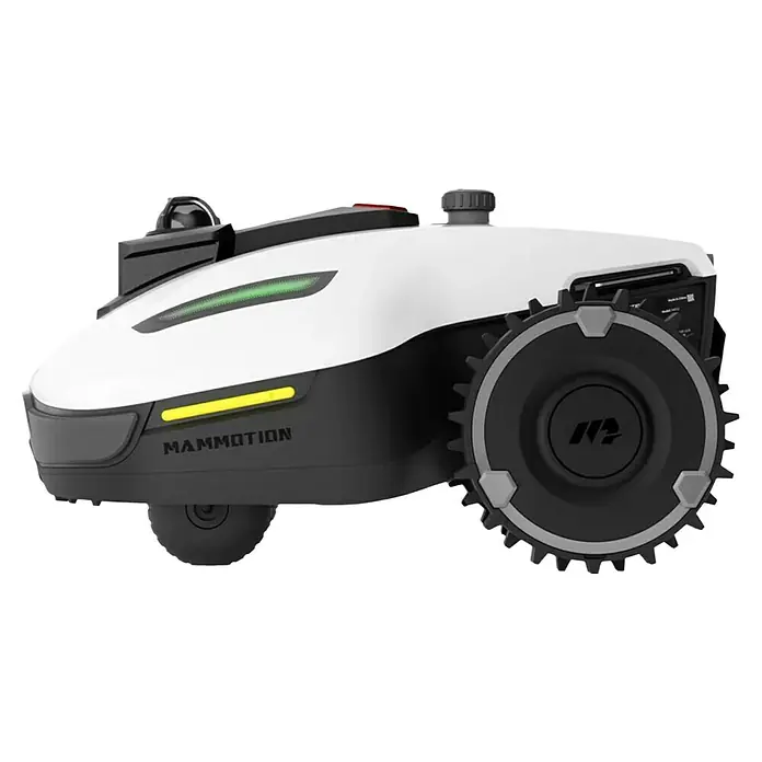 Mammotion Mähroboter YUKA Mini 2 1000 - 1.000 m², Schnittbreite: 19 cm, Kamera-gestützte Navigation - Weiß-dunkelgrauer Mähroboter mit großem Speichenrad, grünen/gelben Lichtern und "MAMMOTION"-Branding.
