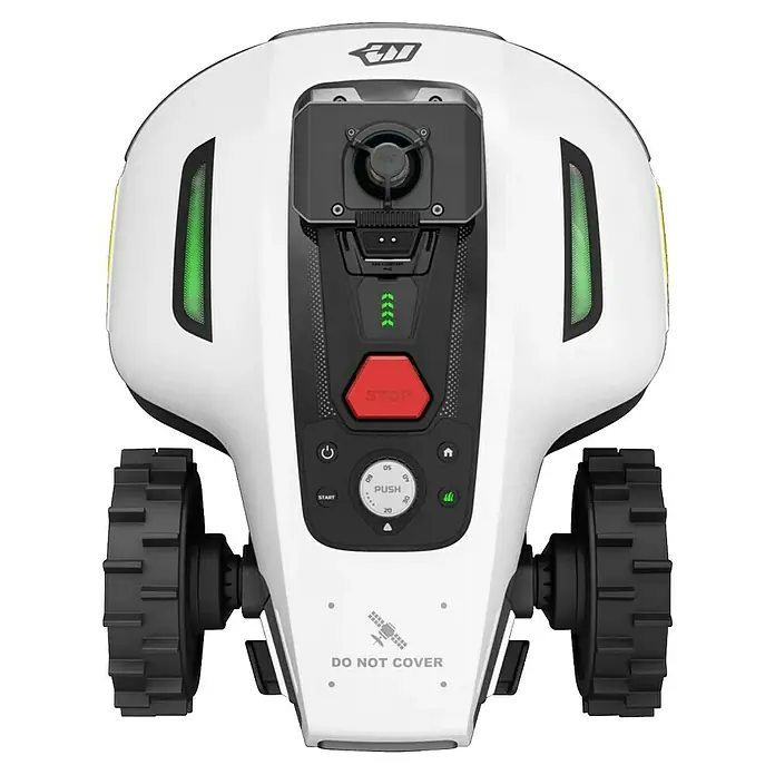 Mammotion Mähroboter YUKA Mini 2 1000 - 1.000 m², Schnittbreite: 19 cm, Kamera-gestützte Navigation - Draufsicht eines weiß-schwarzen Mähroboters mit großen Rädern und zentralem Bedienfeld mit einem roten STOP-Knopf.