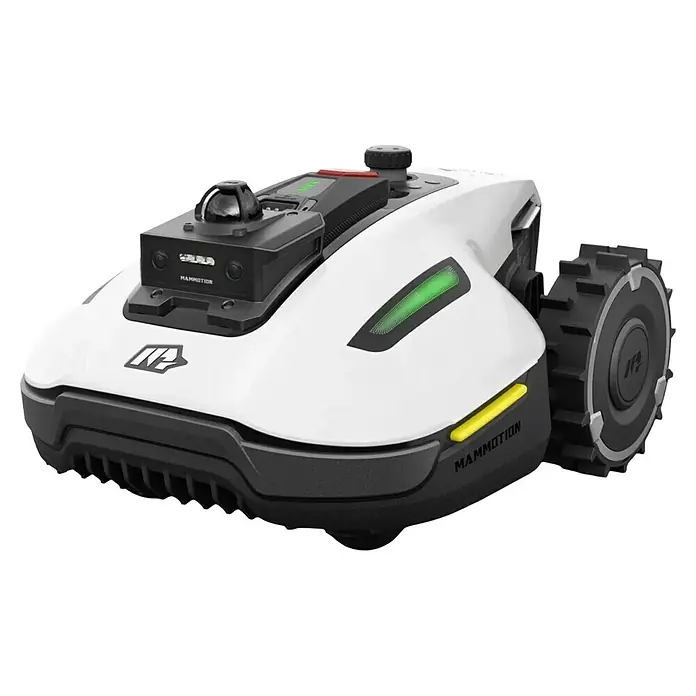 Mammotion Mähroboter YUKA Mini 2 1000 - 1.000 m², Schnittbreite: 19 cm, Kamera-gestützte Navigation - Weiß-schwarzer Rasenroboter mit Sensorik oben, grünen LED-Anzeigen, robusten Rädern und gelben Akzenten.