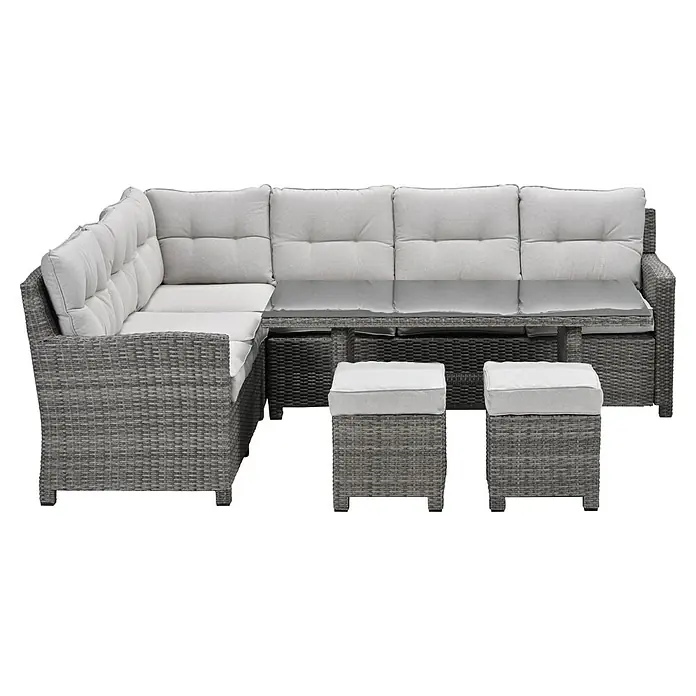 Garden Impressions Loungemöbel-Set Blue Bird - 4 -tlg., Aluminium, Polyester, Glas, Links, Beige - Graues Polyrattan-Gartenecksofa mit hellgrauen Kissen, passendem Glastisch und zwei Hockern.