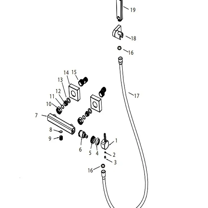 Camargue Bolonia Grifo de ducha - Negro, Con grifo monomando - Diagrama explotado de repuestos de sistema de ducha, incluyendo manguera, válvulas y componentes de montaje.