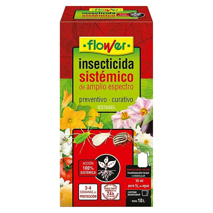 Flower Antiorugas biológico sistémico - 100 ml - Caja roja y verde de insecticida sistémico de amplio espectro Flower, mostrando plagas y detalles de aplicación.