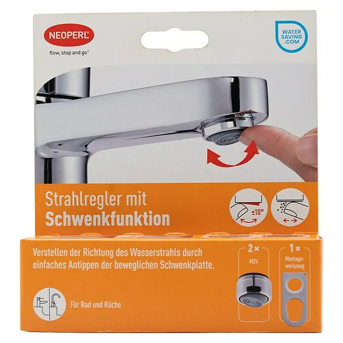 Neoperl Strahlregler - 2 Stk., 5,7 l/min, Gewinde: M24x1, mit Schwenkfunktion - NEOPERL verpackter Strahlregler mit Schwenkfunktion für Bad und Küche, inklusive zwei M24 Reglern und Montageschlüssel.
