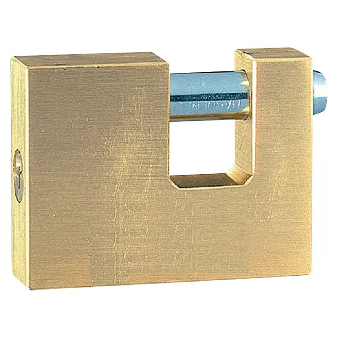 Stabilit Candado - Ancho: 76 mm, Arco transversal - Imagen de un candado de latón rectangular macizo con un grillete cilíndrico plateado.