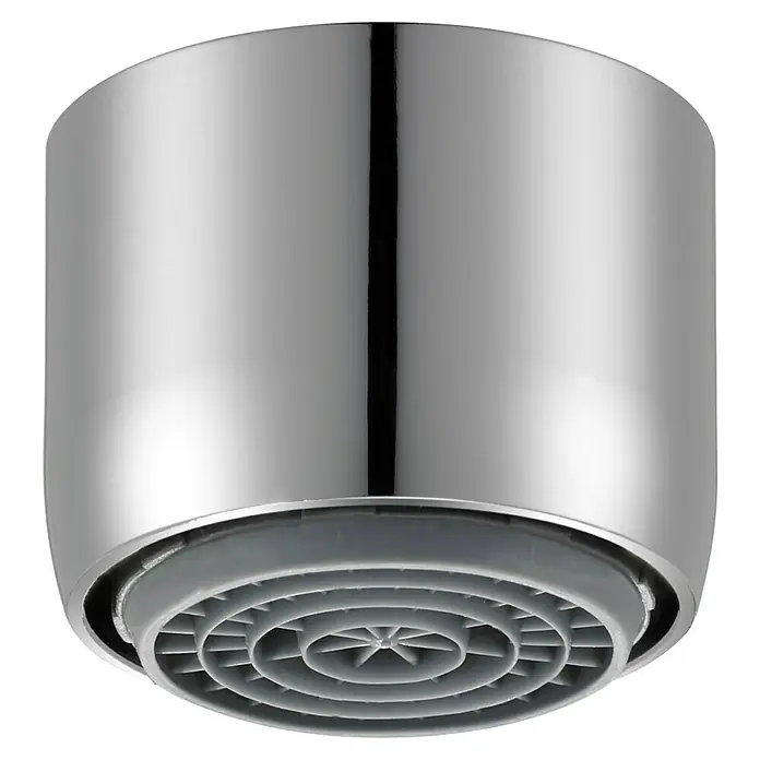 Neoperl Strahlregler Cascade - 15 l/min, Gewinde: M22x1 - Glänzender Chrom-Wasserhahnstrahlregler mit grauem Kunststoffgitterfilter und Sternmuster an der Basis.