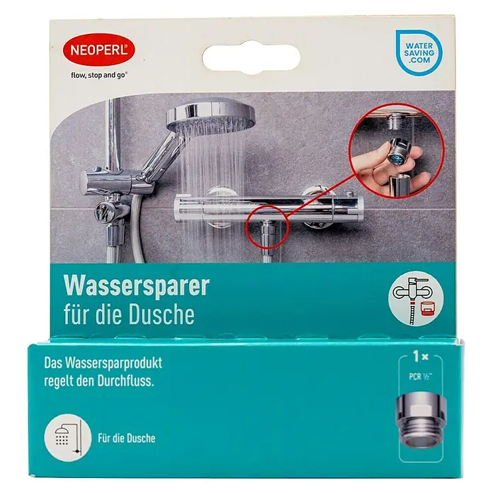 Neoperl Wassersparstrahlregler - Gewinde: 1/2" x 1/2", 10 l/min, 1 Stk., Passend für: Dusche - Metallischer Wasserspar-Durchflussregler für die Dusche, in Produktverpackung.
