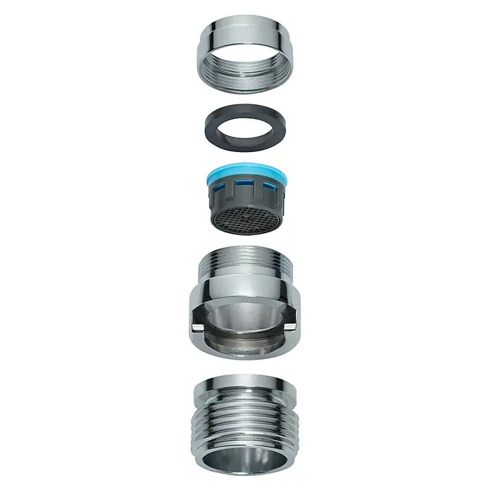 Neoperl Strahlregler - 1 Stk., Gewinde: 3/4" M22/M24 - Zerlegtes Chrom-Wasserhahn-Strahlregler-Set mit Metallgehäuse, Kunststoffeinsatz, Gummidichtung, Mutter und Gewindeadapter.