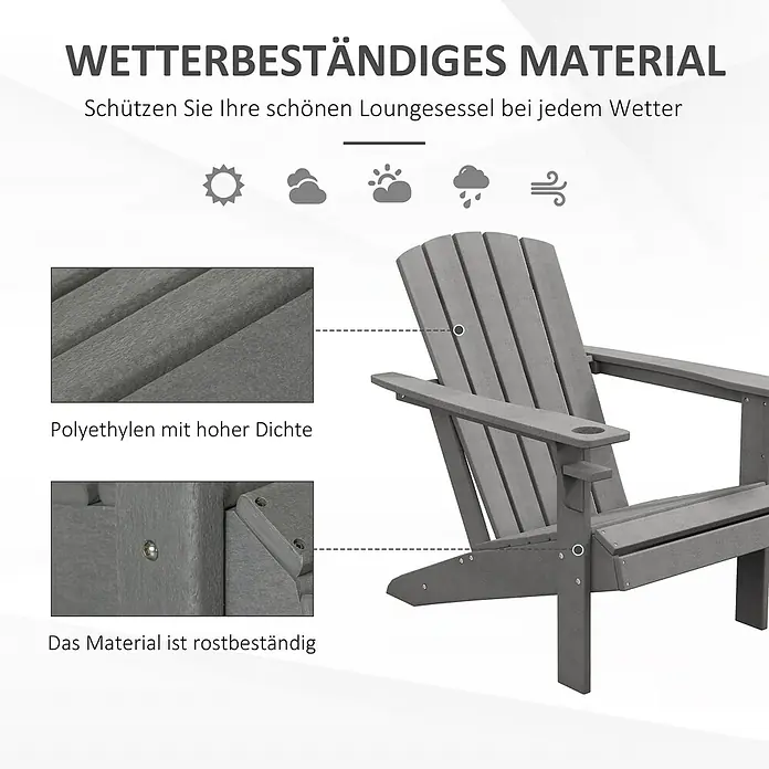 Outsunny Gartenstuhl Adirondack - HDPE, Grau, B x T x H: 89 x 89 x 87 cm