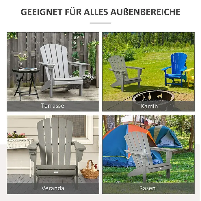 Outsunny Gartenstuhl Adirondack - HDPE, Grau, B x T x H: 89 x 89 x 87 cm