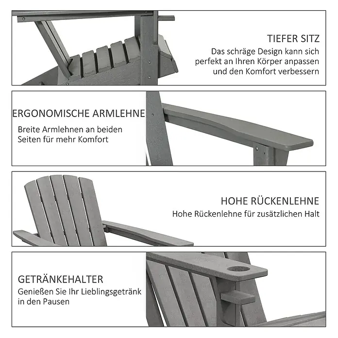 Outsunny Gartenstuhl Adirondack - HDPE, Grau, B x T x H: 89 x 89 x 87 cm
