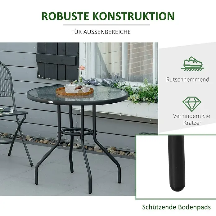 Outsunny Balkontisch rund mit Schirmloch - Ø x H: 80 x 72 cm, Stahl, Hartglas, Schwarz