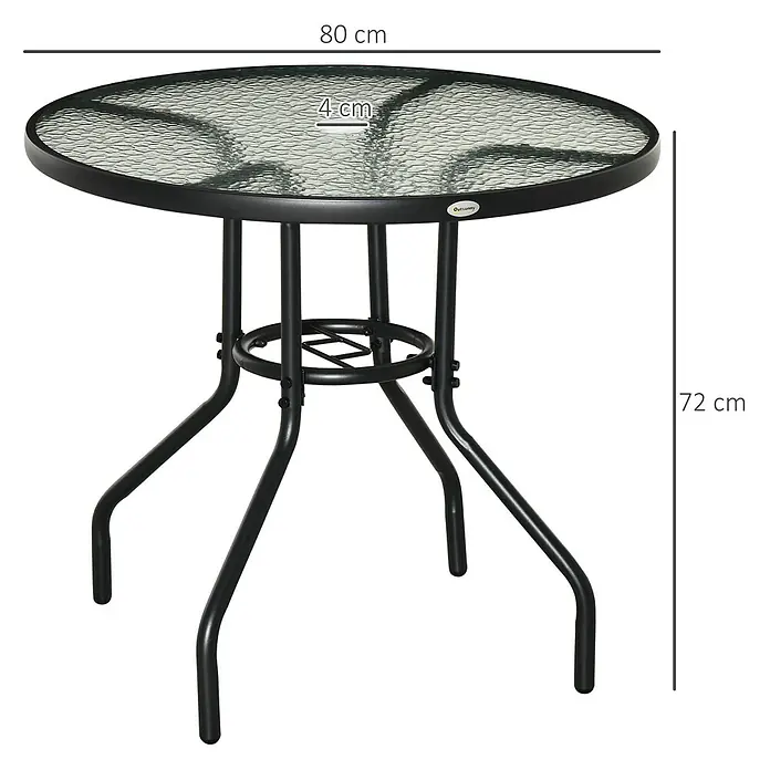 Outsunny Balkontisch rund mit Schirmloch - Ø x H: 80 x 72 cm, Stahl, Hartglas, Schwarz