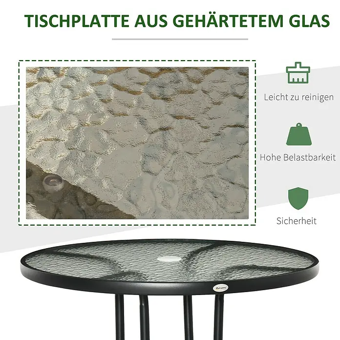 Outsunny Balkontisch rund mit Schirmloch - Ø x H: 80 x 72 cm, Stahl, Hartglas, Schwarz