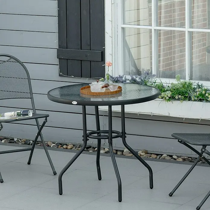 Outsunny Balkontisch rund mit Schirmloch - Ø x H: 80 x 72 cm, Stahl, Hartglas, Schwarz