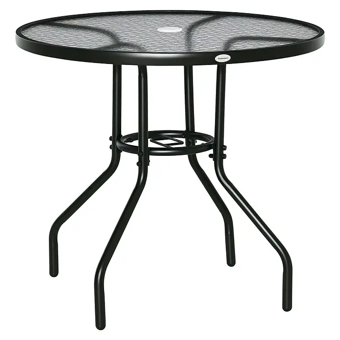 Outsunny Balkontisch rund mit Schirmloch - Ø x H: 80 x 72 cm, Stahl, Hartglas, Schwarz