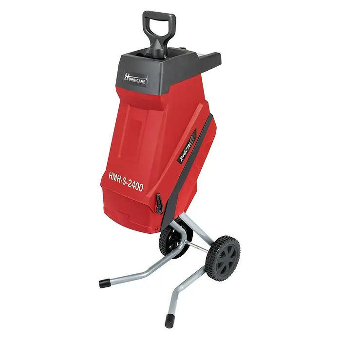 Hurricane Elektro-Messerhäcksler HMH-S-2400 - Max. Aststärke: 4,5 cm, 2.400 W - Roter Hurricane HMH-S-2400 Gartenhäcksler mit schwarzem Griff und Rädern für den einfachen Transport.