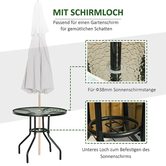 Outsunny Balkontisch rund mit Schirmloch - Ø x H: 80 x 72 cm, Stahl, Hartglas, Schwarz