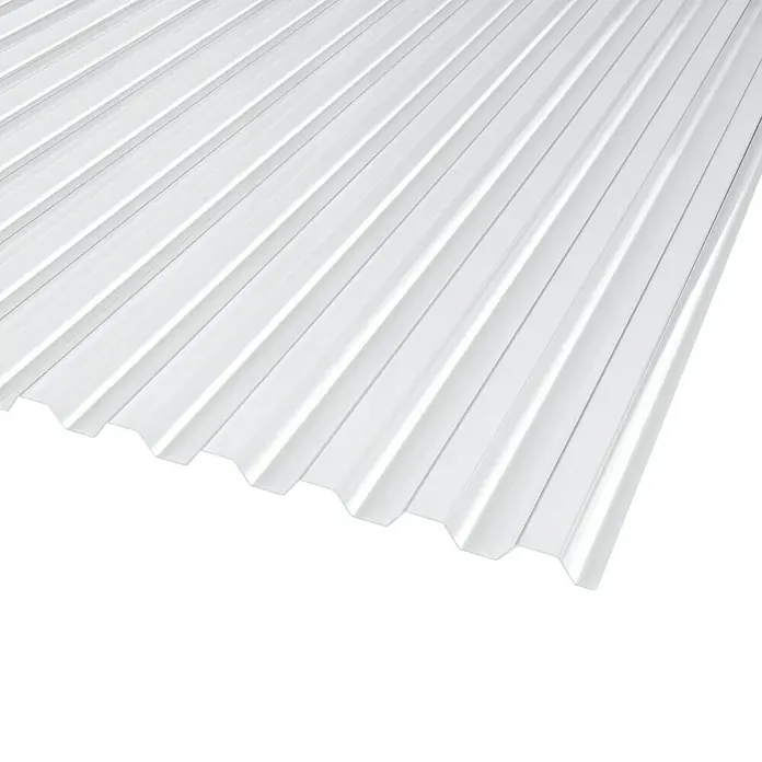 PLEXIGLAS® Wellplatte Resist - 2.000 x 1.045 x 1,8 mm, Acrylglas (PMMA), Transparent, Glatt, 76/18 mm, Trapez - Nahaufnahme einer durchsichtigen, gewellten Polycarbonatplatte, ideal für Dächer und Verkleidungen, mit sichtbarer Textur.