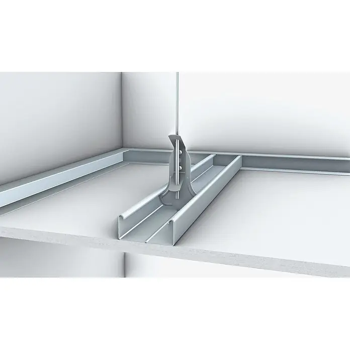 Probau Schnellabhänger - Stahl, 100 Stk. - Detailaufnahme einer Deckenaufhängung, die eine Metallschiene und eine vertikale Stange zeigt. Ideal für Bauprojekte.