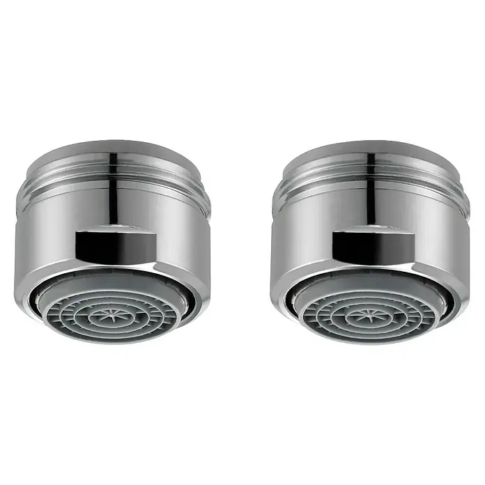 Neoperl Cascade SLC Wassersparstrahlregler - M24X1, 3,8 l/min, 2 Stk. - Ein Paar verchromter Wasserhahn-Strahlregler mit grauen Einsätzen.