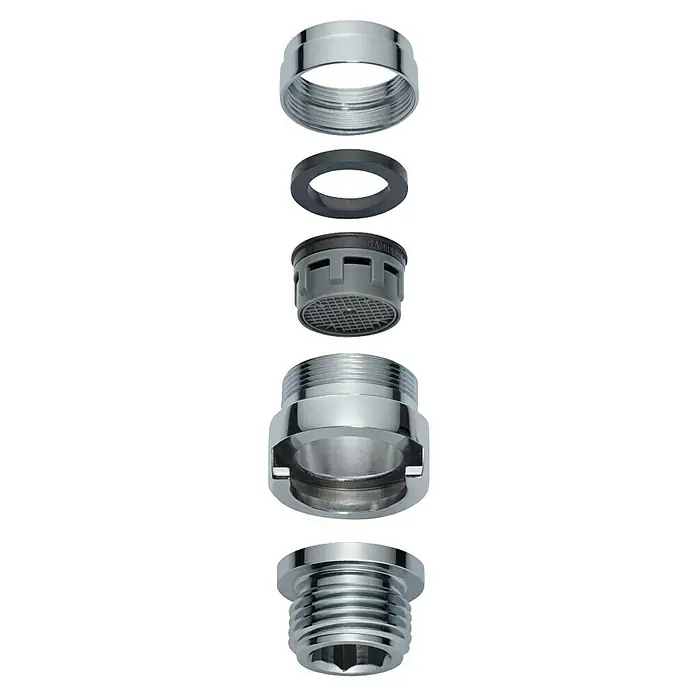 Neoperl Strahlregler - ½″, 1 Stk., Gewinde: 1/2" M22/M24 - Zerlegter verchromter Wasserhahn-Strahlregler/Adapter-Set mit schwarzer Dichtung und grauem Kunststoffsiebeinsatz.