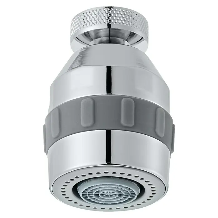 Neoperl Strahlregler Varioperl - 1 Stk., 6 l/min, Gewinde: M22X1/M24X1 - Verchromter Wasserhahn-Perlator mit grauem Griffband und weißer Sprühdüse.