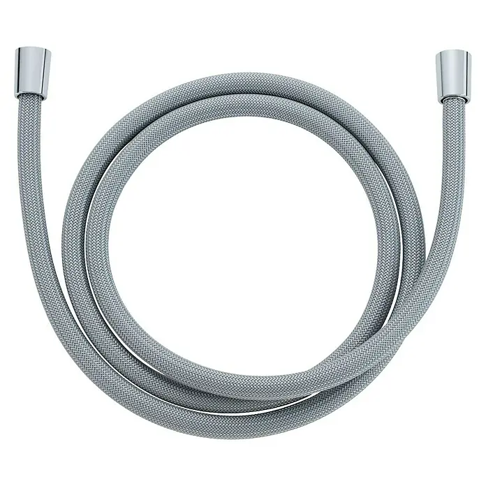 Brauseschlauch - Länge: 190 mm, Kunststoff, Silber - Grauer, geflochtener Brauseschlauch, kreisförmig aufgerollt, mit verchromten Anschlüssen.